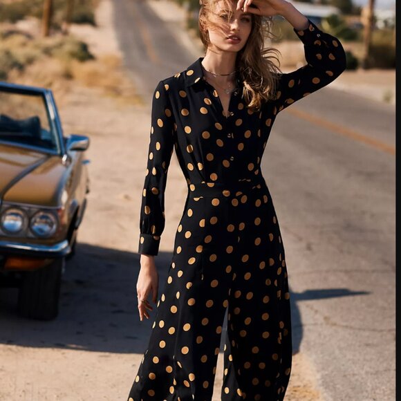 ANTHROPOLOGIE  Loveland Wide-Leg Dot Jumpsuit in Black Size 12 - Picture 4 of 5
